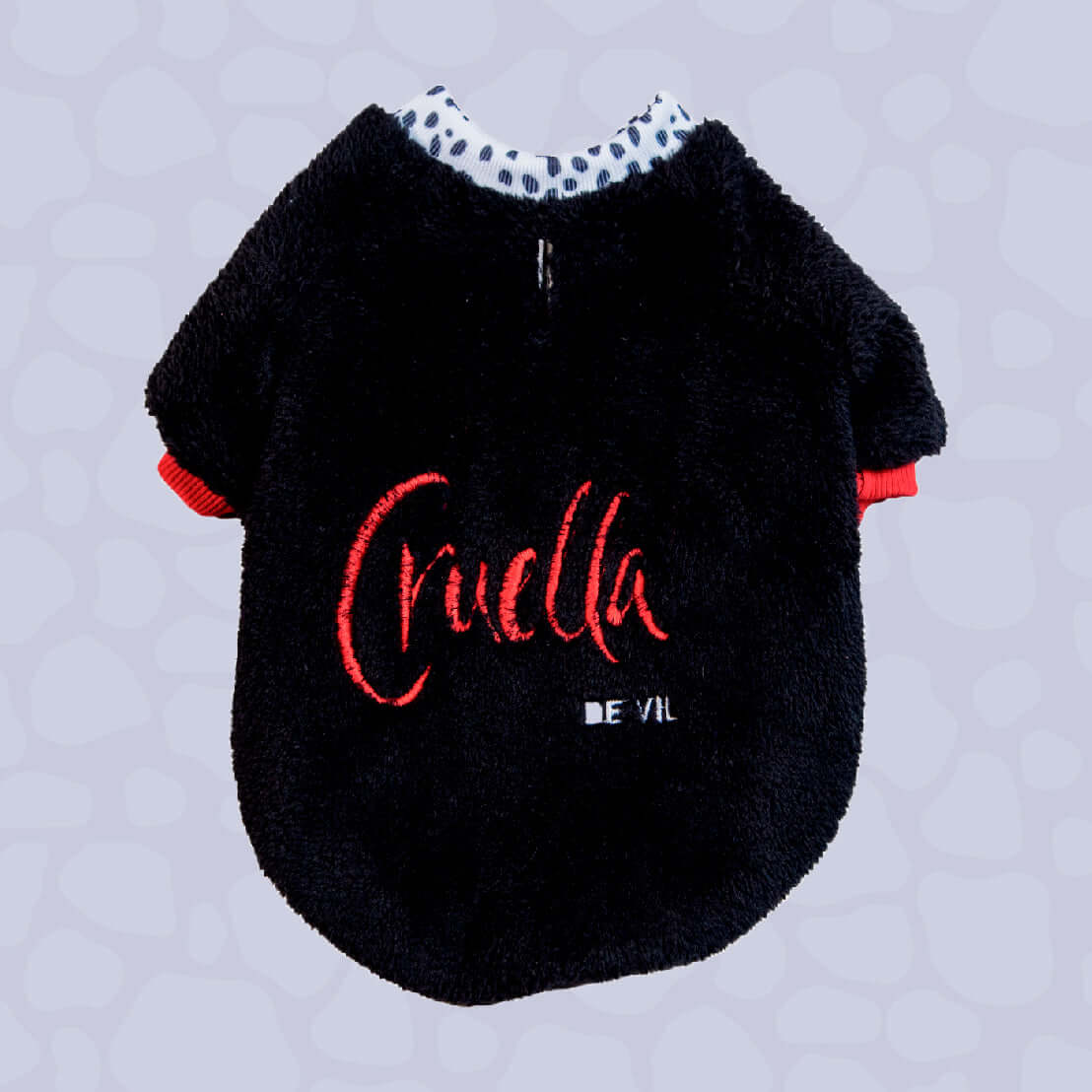 Goth-style black and white dog jacket with cozy lining and leash opening