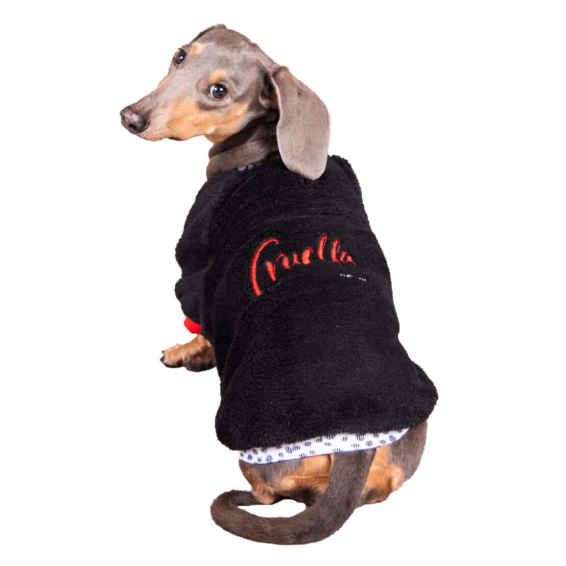 Goth-style black and white dog jacket with cozy lining and leash opening
